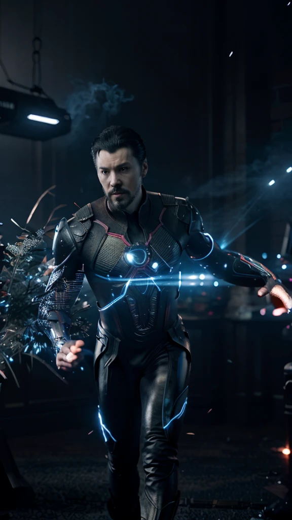 Dark portrait of Dr Strange as Tron from Marvel, extremely detailed, futuristic cityscape, nighttime, glowing neon lights, smoke, sparks, metal shavings, flying debris, blue energy effects, volumetric light,