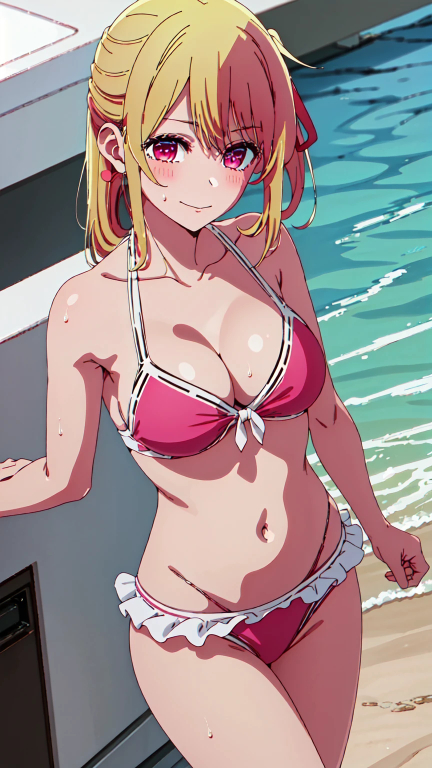 best quality, masterpiece, highres, solo, {ruby_oshinoko:1.15}, blonde_hair, bangs, long_hair, blush, closed_mouth, 1girl,pink_eyes, hair_between_eyes, hair_ribbon, pink_ribbon, ribbon, red_eyes,Smiling, looking at the viewer, Bikini,blue theme, blue background, cloudy sky, sunlight, sweat, orgasmic, bikini swimsuit, large breasts, cleavage, belly button exposed, collarbone, thighs, sea and beach,