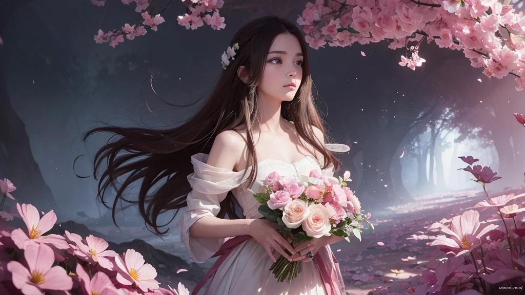 32k, Masterpiece, Highest quality, One girl, Detailed eyes, flower,Sandersonia, Pink and brown style,A dreamy, romantic piece,Pale pink, Mysterious Leaves,A playful arrangement,Fantasy,High Contrast,Ink strokes,explosion,Exposure, Impression of pink and brown tones,Abstract,((Watercolours by John Berkey and Jeremy Mann )) Brush strokes,Negative Space, Tyndall effect,