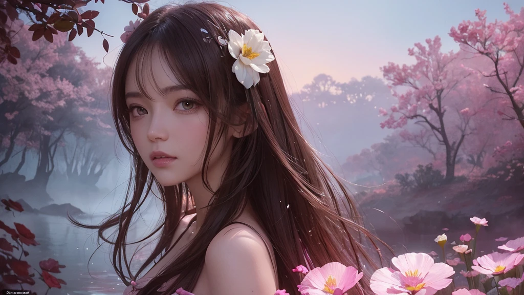 32k, Masterpiece, Highest quality, One girl, Detailed eyes, flower,Sandersonia, Pink and brown style,A dreamy, romantic piece,Pale pink, Mysterious Leaves,A playful arrangement,Fantasy,High Contrast,Ink strokes,explosion,Exposure, Impression of pink and brown tones,Abstract,((Watercolours by John Berkey and Jeremy Mann )) Brush strokes,Negative Space, Tyndall effect,
