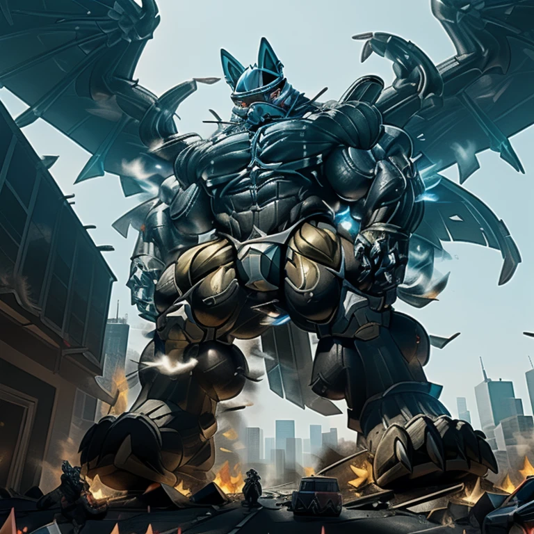 (masterpiece. official art. 8k. best quality. detailed full body. full body.)
(situation 1 : dominating LUCARIO. focus GIANT mechanical Muscular LUCARIO is trampling the CITY. macro. stomp. Low-angle perspective. emphasizing the immense size. The perspective is from below, emphasizing the sheer majesty and power of the Giant. giant art. He is much bigger than a skyscraper. Giga Giants. micro soccer field. looking down.)

(situation 2 :smoke and flames rising from the destruction in the city)

(Additional details 1: wearing a full-face helmet. helmet is jet black. The color of NANOSUIT is jet black. high-tech bio-mecha armor. real texture material. whole body shines like metal. Wearing cyberpunk mecha. emphasizes the muscles. suit fully made of metal. intricate armor. Robotic suit. suit fully made of metal. NANOSUIT with the same design as LUCARIO.). (Lucario has 5 toes.)

(Additional details 2: (Detailed head. Detailed Body. Detailed abs. gigantic muscles. HYPER MUSCLES. Gigachad Muscular. big muscle. pecs. triceps. traps. unusually developed muscular body. body full of huge muscles. showing off muscles. pectorales enormes. Exaggeratedly huge muscles. huge muscles. long legs.).

(Additional details 3: nj5furry, Spread wings. It has wings. black have big wings. The claws are sharp. Sharp teeth.5 toes.). 