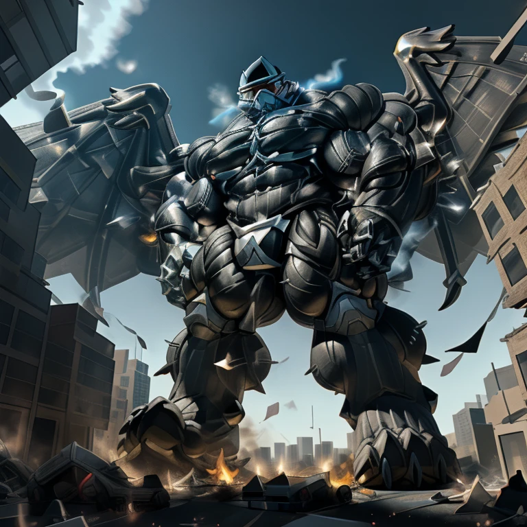(masterpiece. official art. 8k. best quality. detailed full body. full body.)
(situation 1 : dominating LUCARIO. focus GIANT mechanical Muscular LUCARIO is trampling the CITY. macro. stomp. Low-angle perspective. emphasizing the immense size. The perspective is from below, emphasizing the sheer majesty and power of the Giant. giant art. He is much bigger than a skyscraper. Giga Giants. micro soccer field. looking down.)
(situation 2 :smoke and flames rising from the destruction in the city)
(Additional details 1: wearing a full-face helmet. helmet is jet black. The color of NANOSUIT is jet black. high-tech bio-mecha armor. real texture material. whole body shines like metal. Wearing cyberpunk mecha. emphasizes the muscles. suit fully made of metal. intricate armor. Robotic suit. suit fully made of metal. NANOSUIT with the same design as LUCARIO.).
(Additional details 2: (Detailed head. Detailed Body. Detailed abs. gigantic muscles. HYPER MUSCLES. Gigachad Muscular. big muscle. pecs. triceps. traps. unusually developed muscular body. body full of huge muscles. showing off muscles. pectorales enormes. Exaggeratedly huge muscles. huge muscles. long legs.).
(Additional details 3: nj5furry, Spread wings. It has wings. black have big wings. The claws are sharp. Sharp teeth.5 toes.).