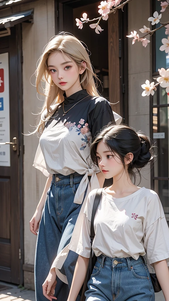 Create an image with two characters. The first character is a stunningly beautiful woman of French and Japanese descent. She has an exceptionally beautiful face, with striking blue eyes. Her hair is a beautiful long straight blonde. She is dressed in a white floral dress. The second character is a man with long black hair in the front. He is dressed casually in a T-shirt and denim. The story to be depicted is that the beautiful woman is on the right and the man is on the left. They are both entering the same university. Please depict them walking side by side with cherry blossoms in the background to convey the sense of their university entrance.