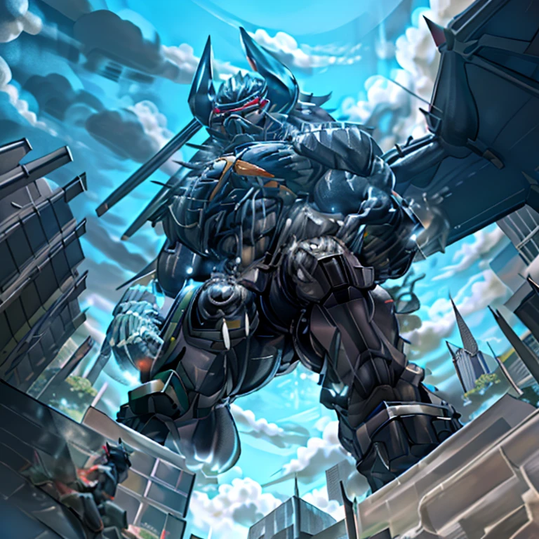 (masterpiece. official art. 8k. best quality. detailed full body. full body.)
(situation 1 : dominating demon lord dragon batzz. focus GIANT mechanical Muscular demon lord dragon batzz is trampling the CITY. Looking down. macro. stomp. Low-angle perspective. emphasizing the immense size. The perspective is from below, emphasizing the sheer majesty and power of the Giant. giant art. He is much bigger than a skyscraper. Giga Giants. micro CITY. looking down.)
(situation 2 :smoke and flames rising from the destruction in the city)
(Additional details 1: wearing a full-face helmet. high-tech bio-mecha armor. real texture material. whole body shines like metal. Wearing cyberpunk mecha. emphasizes the muscles. suit fully made of metal. intricate armor. Robotic suit. suit fully made of metal. cyborg. Powered exoskeleton with the same design as demon lord dragon batzz).
(Additional details 2: (Detailed head. Detailed Body. Detailed abs. gigantic muscles. HYPER MUSCLES. Gigachad Muscular. big muscle. pecs. triceps. traps. unusually developed muscular body. body full of huge muscles. showing off muscles. pectorales enormes. Exaggeratedly huge muscles. huge muscles. long legs.).
(Additional details 3: nj5furry, Spread wings. It has wings. White have big wings. The claws are sharp. Sharp teeth.5 toes.).
(Additional details 4: black color hyper penis. hyper black penis. big penis)
(Additional details 5 Spraying hyper cum up everywhere into the sky from his erect penis. wide spray of cum, covered in cum, cum splashing in front of camera, crowd of naked muscular male spectators, bukkake, City is under a thick later of cum.)