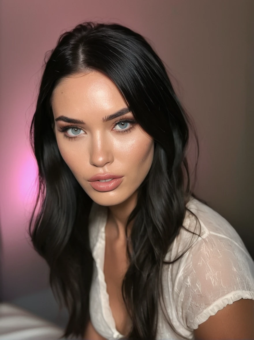 a realistic  instagram photo of a [ really beautiful exotic androgynous supermodel 19 year old woman] , with [long, dark hair] , looks like [Megan FOX] and [Adriana Lima], light makeup, looking [innocent, cute, flushed] , neutral backround,  [light] skin --ar 9:16 --stylize 750 --v 6
