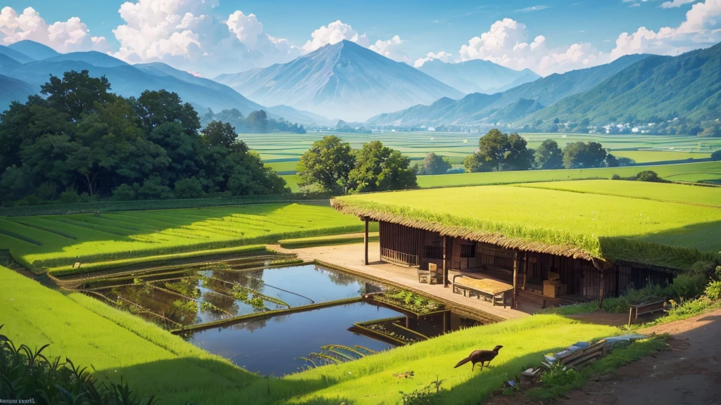 A peaceful countryside scene with terraced fields. There are several people working in the fields, Some people grow rice and others lead water buffalo. A traditional thatched-roof hut can be seen on the left, raised on piles. Rear, There are verdant mountains partially shrouded in mist. Above the scene, A flock of birds is flying far into the horizon. The lighting suggests it could be early morning or late afternoon, creating a warm aura over the scene. This photo is interesting because it captures traditional farming methods in a peaceful and beautiful setting.