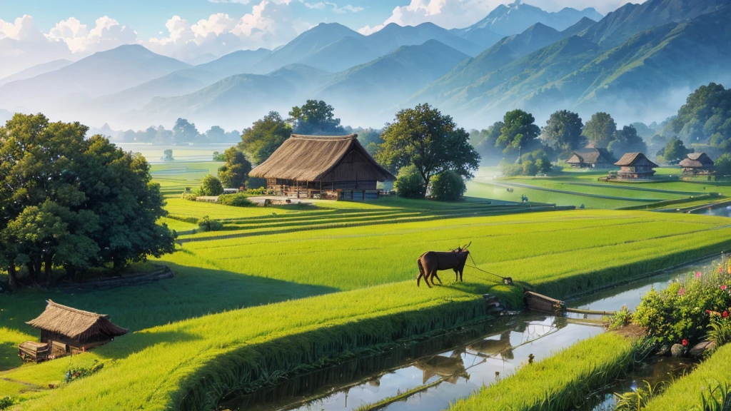 A peaceful countryside scene with terraced fields. There are several people working in the fields, Some people grow rice and others lead water buffalo. A traditional thatched-roof hut can be seen on the left, raised on piles. Rear, There are verdant mountains partially shrouded in mist. Above the scene, A flock of birds is flying far into the horizon. The lighting suggests it could be early morning or late afternoon, creating a warm aura over the scene. This photo is interesting because it captures traditional farming methods in a peaceful and beautiful setting.