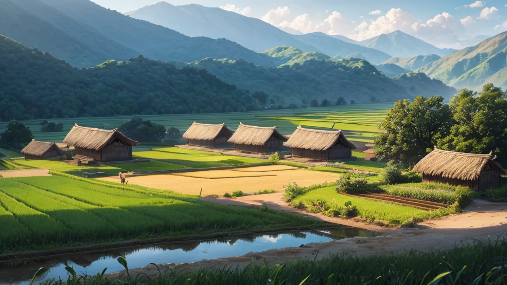A peaceful countryside scene with terraced fields. There are several people working in the fields, Some people grow rice and others lead water buffalo. A traditional thatched-roof hut can be seen on the left, raised on piles. Rear, There are verdant mountains partially shrouded in mist. Above the scene, A flock of birds is flying far into the horizon. The lighting suggests it could be early morning or late afternoon, creating a warm aura over the scene. This photo is interesting because it captures traditional farming methods in a peaceful and beautiful setting.