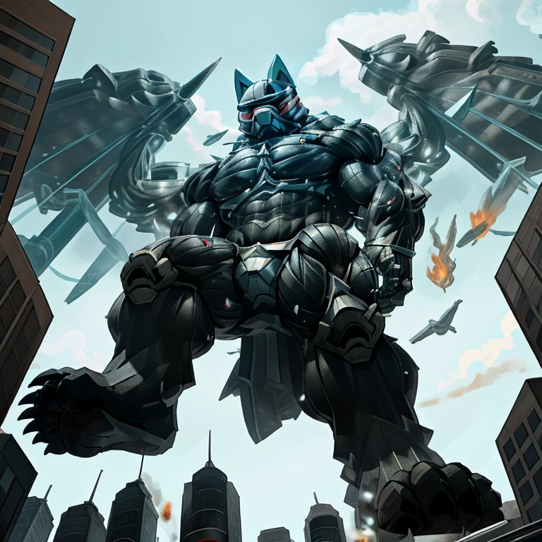 (masterpiece. official art. 8k. best quality. detailed full body. full body.)
(situation 1 : dominating LUCARIO. focus GIANT mechanical Muscular LUCARIO is trampling the CITY. macro. stomp. Low-angle perspective. emphasizing the immense size. The perspective is from below, emphasizing the sheer majesty and power of the Giant. giant art. He is much bigger than a skyscraper. Giga Giants. micro soccer field. looking down.)
(situation 2 :smoke and flames rising from the destruction in the city)
(Additional details 1: wearing a full-face helmet. helmet is jet black. The color of NANOSUIT is jet black. high-tech bio-mecha armor. real texture material. whole body shines like metal. Wearing cyberpunk mecha. emphasizes the muscles. suit fully made of metal. intricate armor. Robotic suit. suit fully made of metal. NANOSUIT with the same design as LUCARIO.). (Lucario has 5 toes.)
(Additional details 2: (Detailed head. Detailed Body. Detailed abs. gigantic muscles. HYPER MUSCLES. Gigachad Muscular. big muscle. pecs. triceps. traps. unusually developed muscular body. body full of huge muscles. showing off muscles. pectorales enormes. Exaggeratedly huge muscles. huge muscles. long legs.).
(Additional details 3: nj5furry, Spread wings. It has wings. black have big wings. The claws are sharp. Sharp teeth.5 toes.).