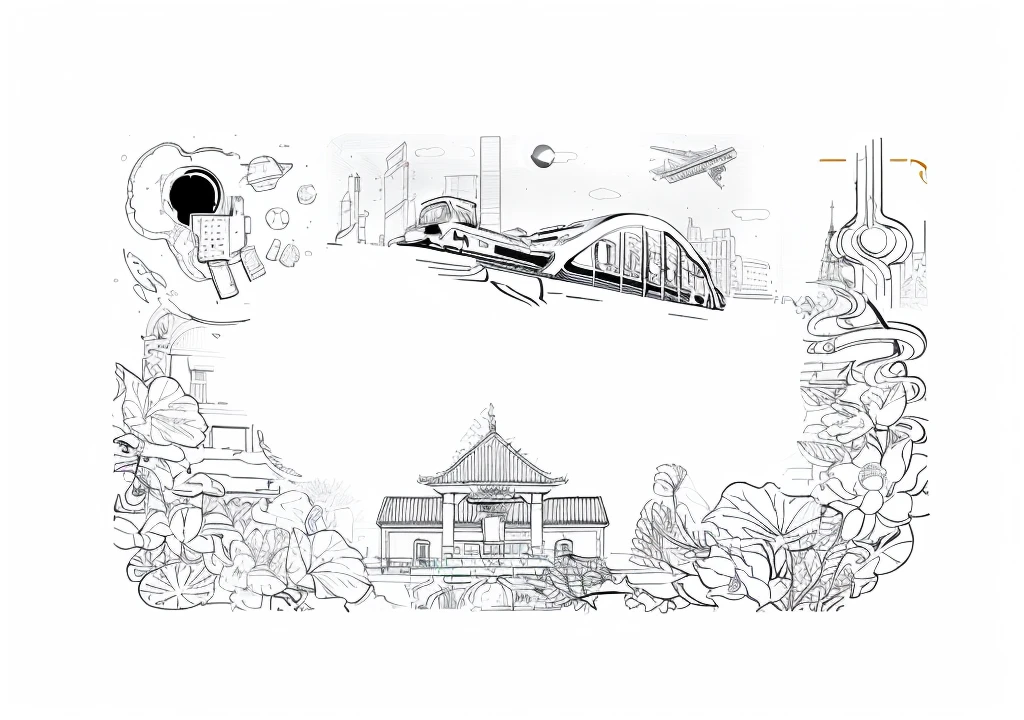 Sketch of a train and a building with a clock, Very detailed illustrations, Full-page illustrations, Coloring Book, Cartoon city line drawing, Clean ink and delicate line drawing, Illustration black outline, Very detailed lines, line art colouring page, Illustration line art style, Line art illustration, line art behance hd, Detailed line art