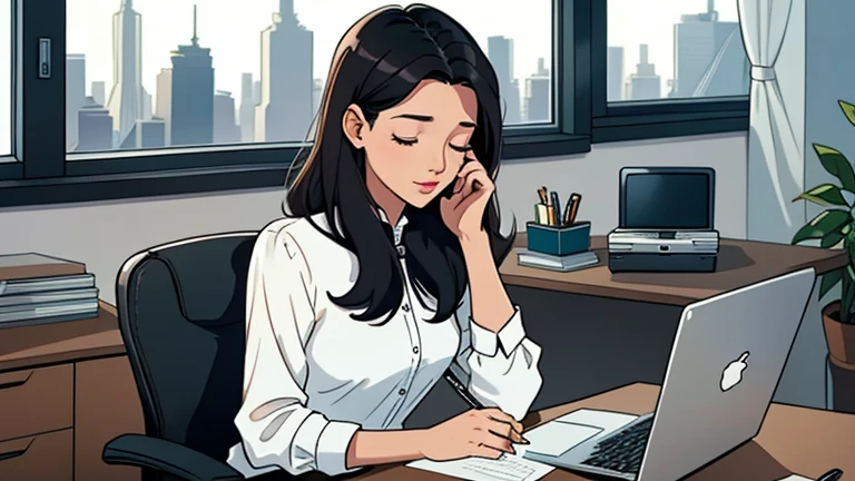 Beautiful dark-haired woman in her 30s sitting in an spacious office office chair, looking down and closing her eyes, relaxed atmosphere, cozy, LOFI girl, alone in the room, white blouse, desk, documents, laptop, pen, watch, smartphone, stationery, wide glass window, only five fingers, New York, colorful, well-proportioned face, I can see skyscrapers outside the window,