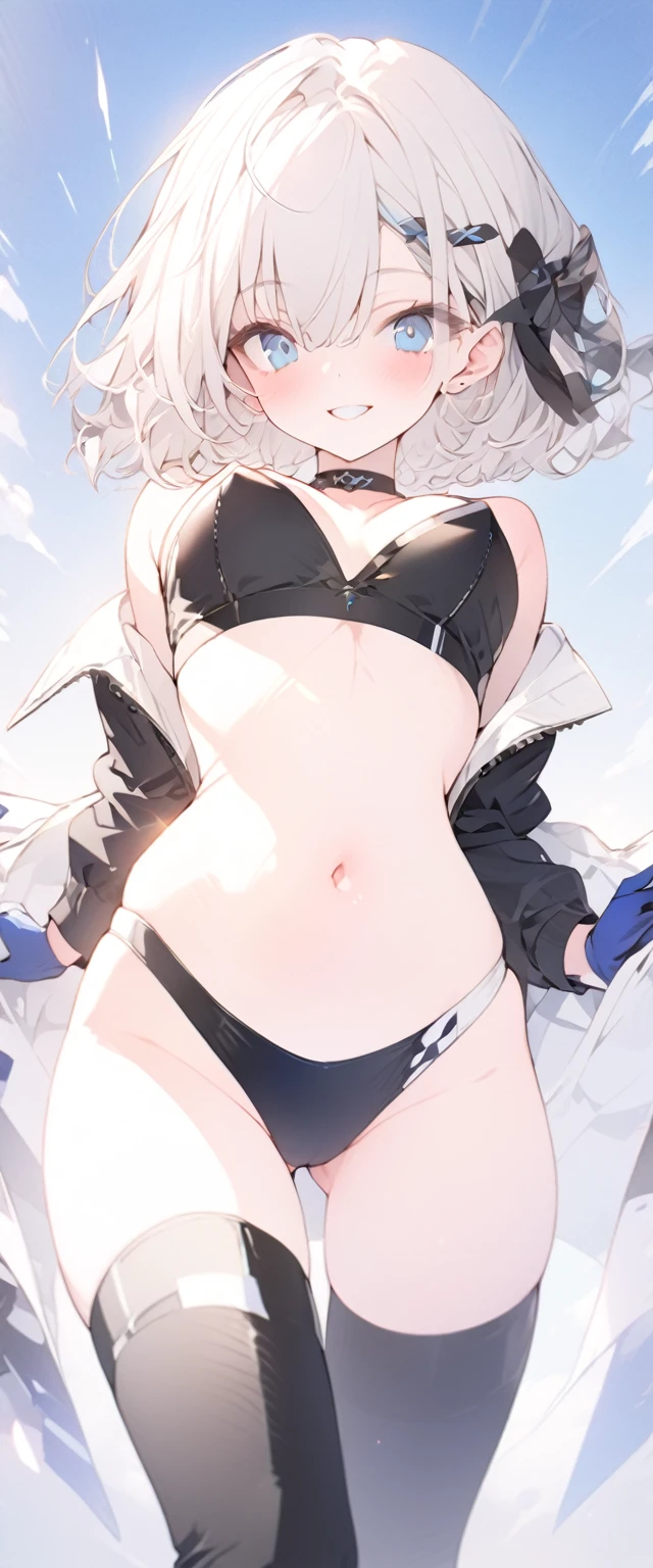 beautiful, masterpiece, Highest quality, anime, One girl, C Cup,Portrait Shot, View your viewers, Covered、Short Hair、nearby、Blue Eyes、art、、White hair,Blue streaked hair、wallpaper、hairpin、Cute smile、Thighs、navel、Black and White_Open race queen、Blue-black_Gloves、Blue-black_Knee-high boots、、Cute、circuit、blue sky、Blue-black_High leg、Leather material
