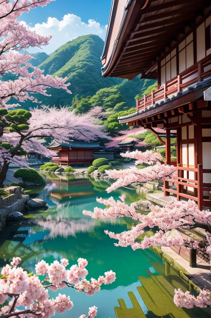 Beautiful shrine scenery, cherry blossoms, loose, anime Background Art, Japanese Art Style, Beautiful anime scene, Detailed Landscape - Width 672, Background Art, Anime scenery, Anime Background, Beautiful anime scenery, Beautiful peaceful scene in anime, Landscape painting, Japanese Village, Anime scenery concept art, 8K))