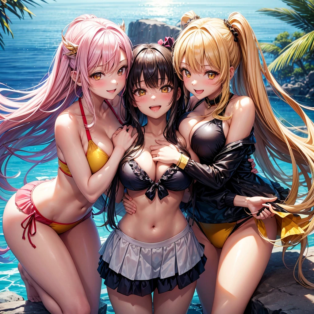 best quality，8K，smile，blazer，middle School girls，beautiful girl,swimsuit,bikini,multiple girls are depicted，Harem，idol group，photo shoot，long hair，highest quality，big breasts，happy girl,horny girl，yellow eyes，perfect face，standing position,girls hugging each other，letting down one&#39;s bangs，beautiful eyes,Ocean,girls hugging each other,smooth hair，angel girl，multicolored hair colors，naughty girl，beautiful girl，beautiful girl，loose socks