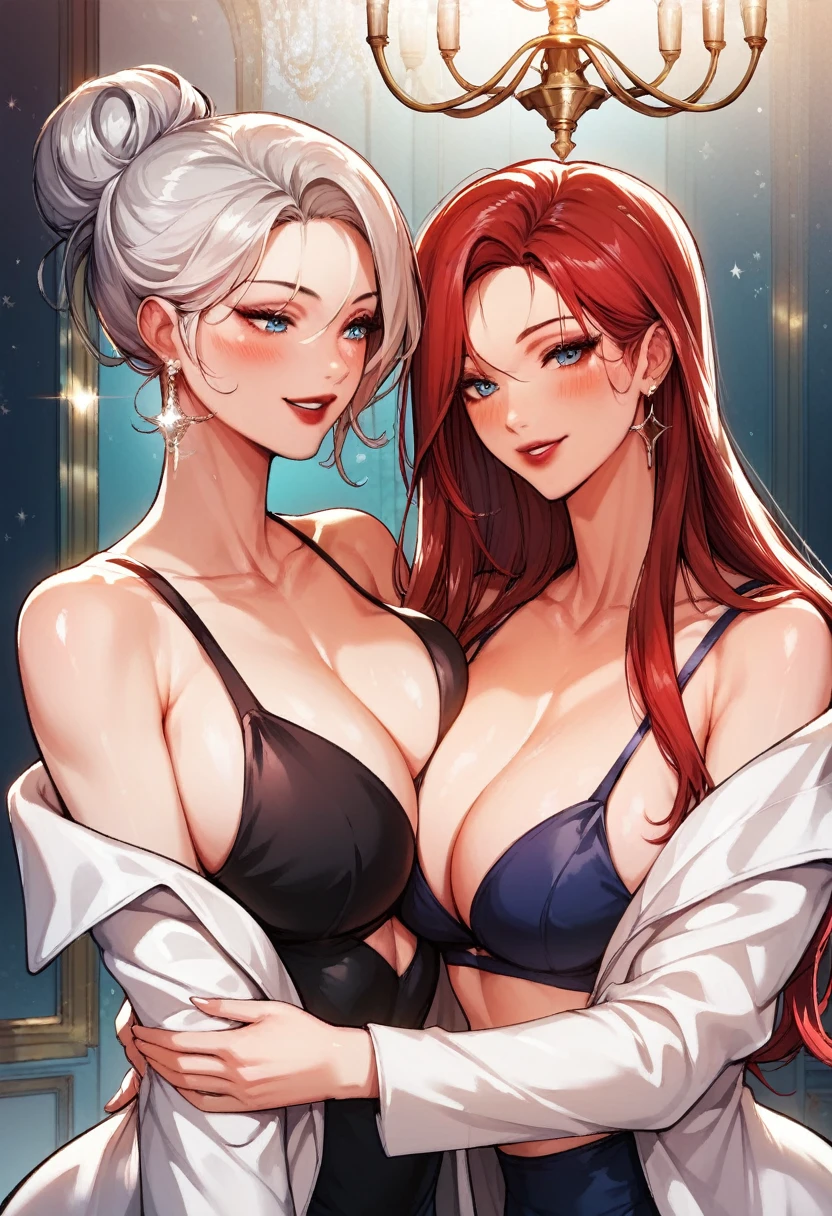 Hot sexy beautiful women,1 girl  ,  long silver chandelier earrings,big breasts, ,red hair ,  hair bun,blush,blue eyes, smiling,red lipstick, white coat, black shirt, long sleeves