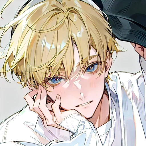 Anime boy with blonde hair wearing a white shirt and a black hat, Kentaro Miura&#39;s Manga Art Style, Kentaro Miura&#39;s manga style, Kentaro Miura Manga Style, Handsome men from Demon Slayer, Blond boy with yellow eyes, His cartoon portrait, Clean and detailed anime style, disheveled blonde hair, Male Anime Style, Young Anime Guy
