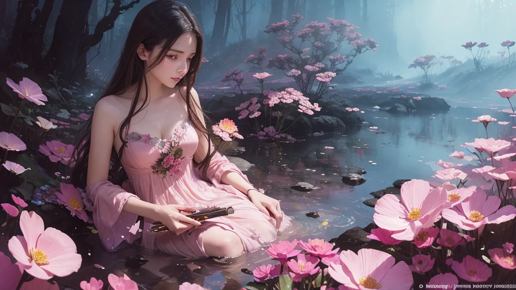 32k, Masterpiece, Highest quality, One girl, Detailed eyes, flower,Sandersonia, Pink and brown style,A dreamy, romantic piece,Pale pink, Mysterious Leaves,A playful arrangement,Fantasy,High Contrast,Ink strokes,explosion,Exposure, Impression of pink and brown tones,Abstract,((Watercolours by John Berkey and Jeremy Mann )) Brush strokes,Negative Space, Tyndall effect,