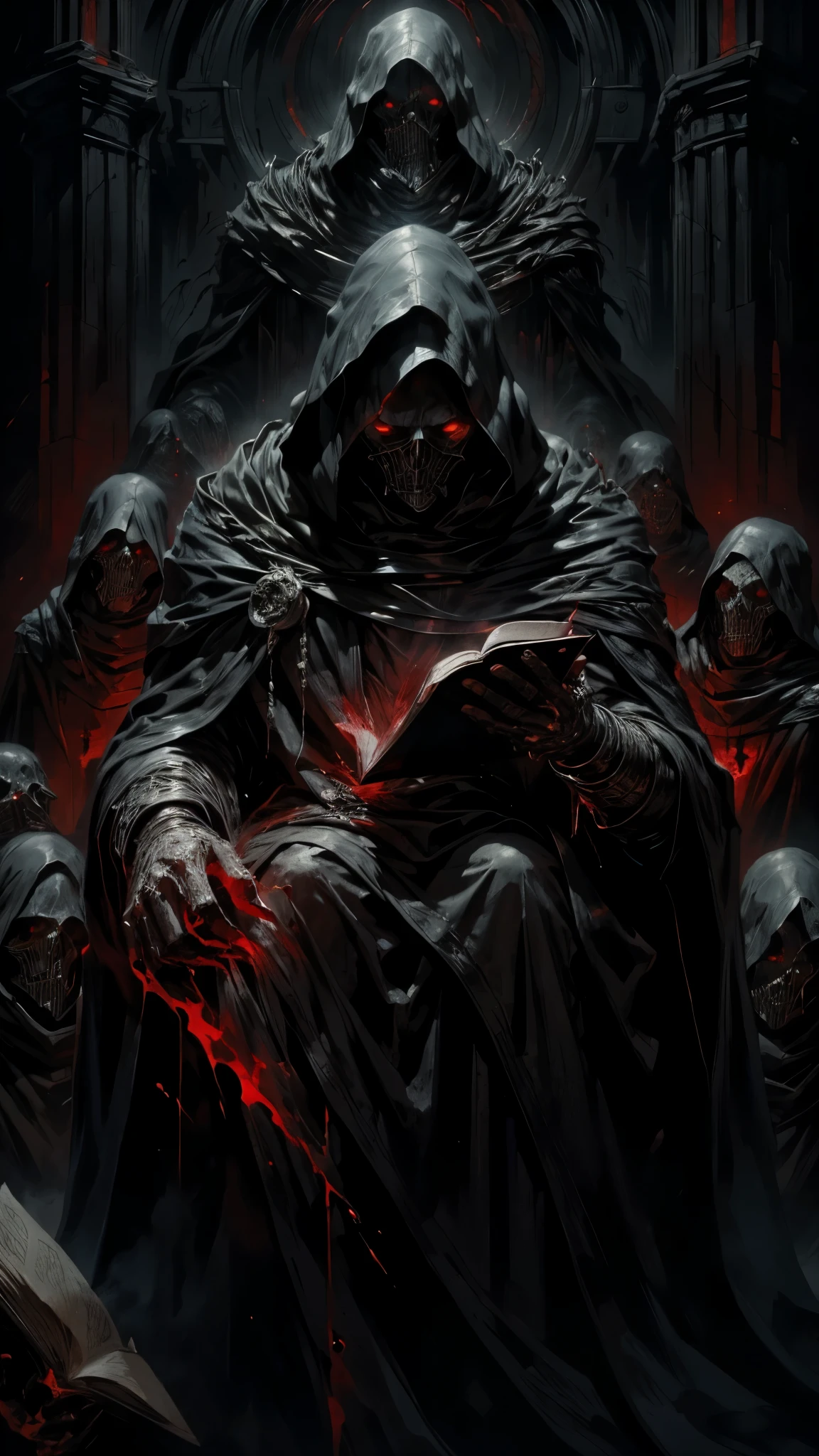 A cultist man with a black mantle,wearing a robe,holding a book made of skin,fanatic face,reaper on background,darkness,(Fog: 1,5), low light,dark fantasy ,medieval,dark souls,elden ring,(blood: 1,5),detailed,realistic,4K