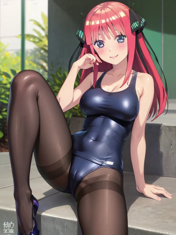 masterpiece, best quality, insanely detailed, beautiful, nino nakano, one-piece swimsuit, breasts, pantyhose, blush, smile, legs spread