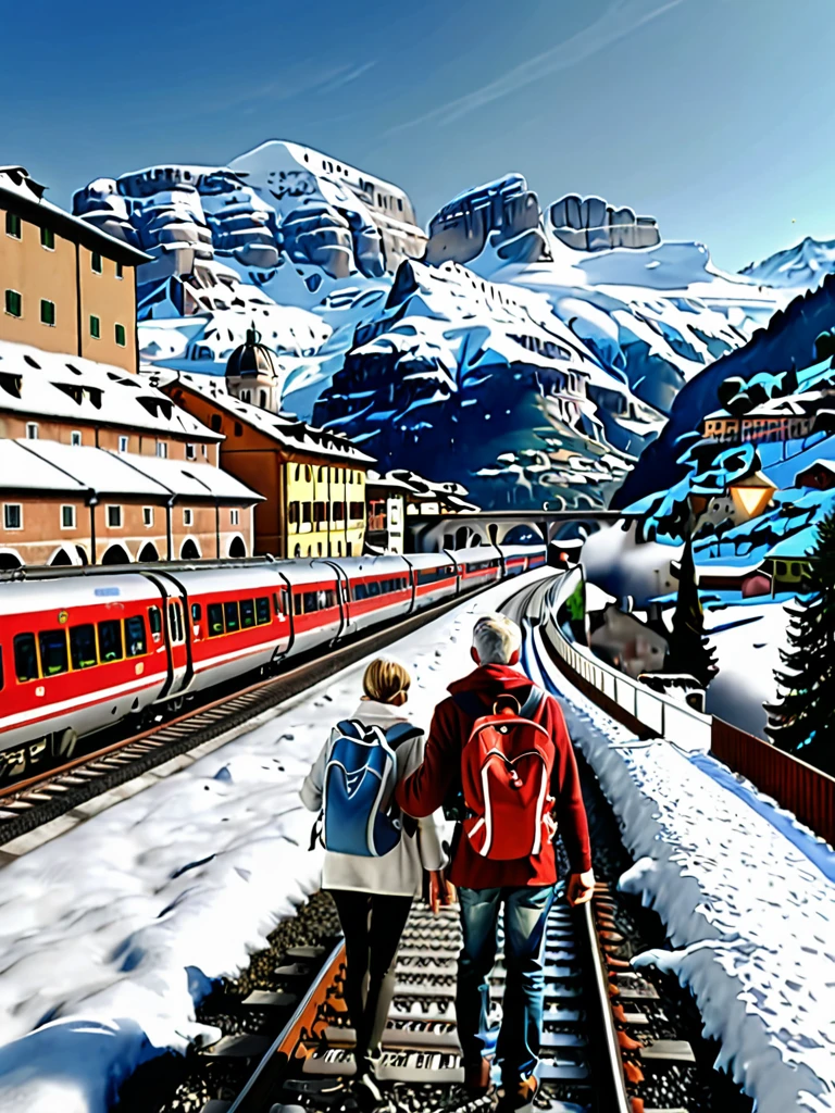 Generate a photorealistic image of a combined horizon featuring iconic monuments from Rome, Italy, and the snowy mountains of Switzerland with a Swiss train. The image should include the Colosseum, St. Peter's Basilica, and the Trevi Fountain from Rome, naturally integrated into the Swiss mountainous landscape with snowy peaks and the Glacier Express train. In the foreground, depict a happy couple of travelers walking along a path, with backpacks and appropriate clothing for the cold weather. The couple should be looking towards the horizon, appreciating the view. The image should be vivid and realistic, with a natural balance between the Italian and Swiss elements, and lighting suggesting a sunny but cool afternoon.