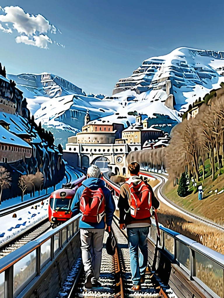 Generate a photorealistic image of a combined horizon featuring iconic monuments from Rome, Italy, and the snowy mountains of Switzerland with a Swiss train. The image should include the Colosseum, St. Peter's Basilica, and the Trevi Fountain from Rome, naturally integrated into the Swiss mountainous landscape with snowy peaks and the Glacier Express train. In the foreground, depict a happy couple of travelers walking along a path, with backpacks and appropriate clothing for the cold weather. The couple should be looking towards the horizon, appreciating the view. The image should be vivid and realistic, with a natural balance between the Italian and Swiss elements, and lighting suggesting a sunny but cool afternoon.