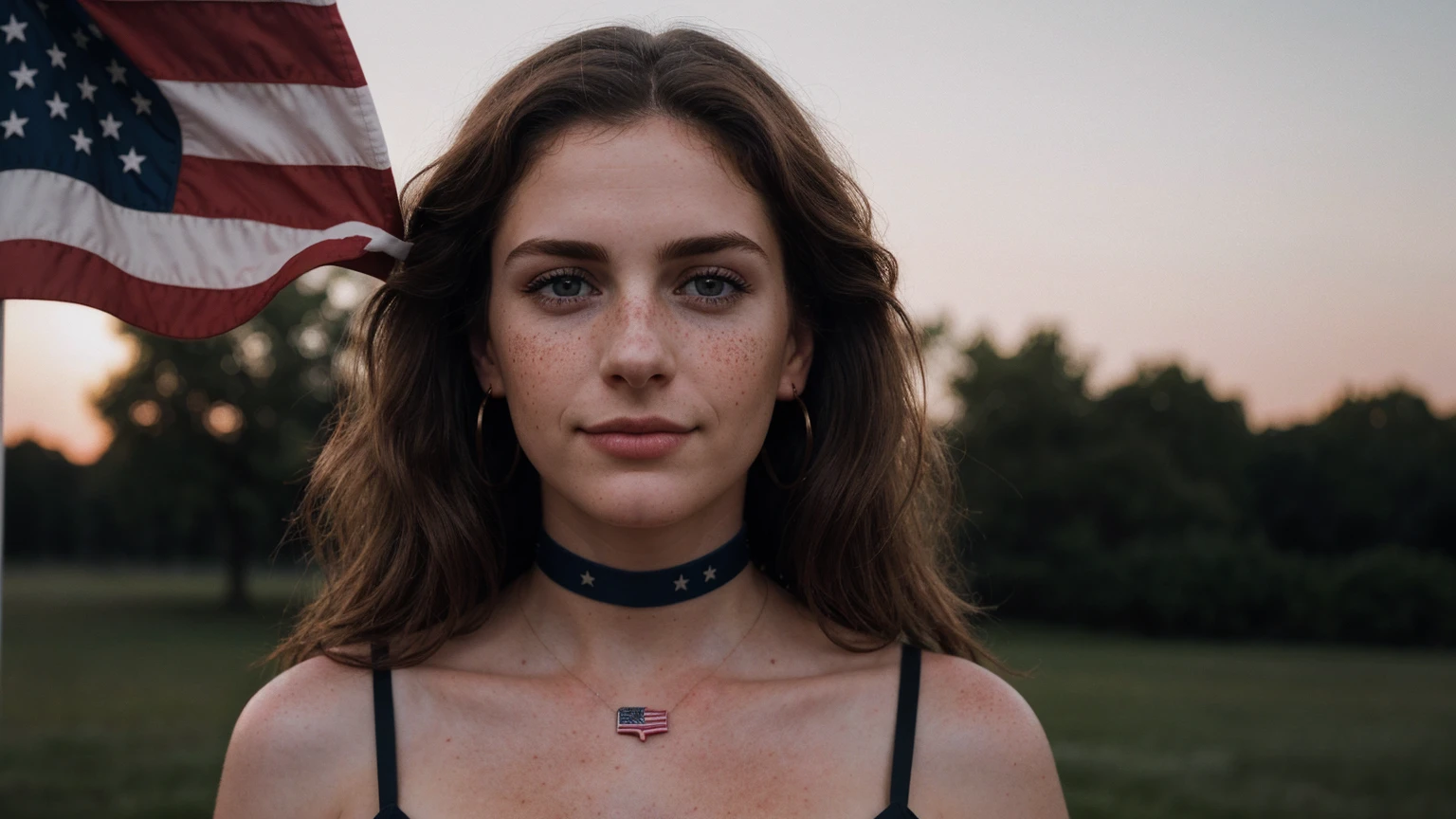 photo, rule of thirds, dramatic lighting, medium hair, detailed face, detailed nose, Woman holding American flag (Independence Day), freckles, collar or choker, perfect detailed hand, smile, tattoo, complex background, realism, realistic, rough, analog, woman, portrait, photorealistic, analog, realism, photo background