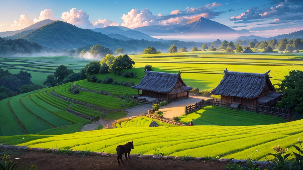A peaceful countryside scene with terraced fields. There are several people working in the fields, Some people grow rice and others lead water buffalo. A traditional thatched-roof hut can be seen on the left, raised on piles. Rear, There are verdant mountains partially shrouded in mist. Above the scene, A flock of birds is flying far into the horizon. The lighting suggests it could be early morning or late afternoon, creating a warm aura over the scene. This photo is interesting because it captures traditional farming methods in a peaceful and beautiful setting.