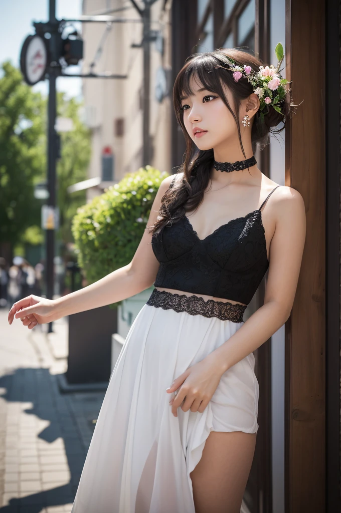 (masterpiece, Highest quality, Super detailed, High resolution, Absurd, best ilroomnation, In detail, bloom, 顔of照明, 最高of照明, In detailed beautiful eyes, 光沢ofある髪 , Perfect Face, 光沢ofある肌), Are standing, Outdoor, depth_of_Field, Dawn, Daytime, whole body, オランダof_angle, street,, room_singer, hair ornaments, Black Choker, 星ofネックレス