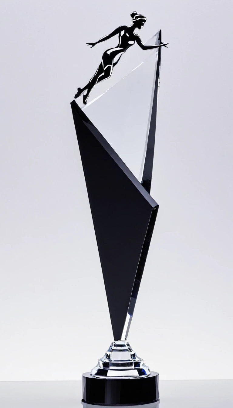 A cool trophy；Black matte metal trophy，Crystal acrylic base；Simplicity，Fashion，Feature，White background，Front view。Dance Trophy，Simplicity，Smart，Non-figurative。