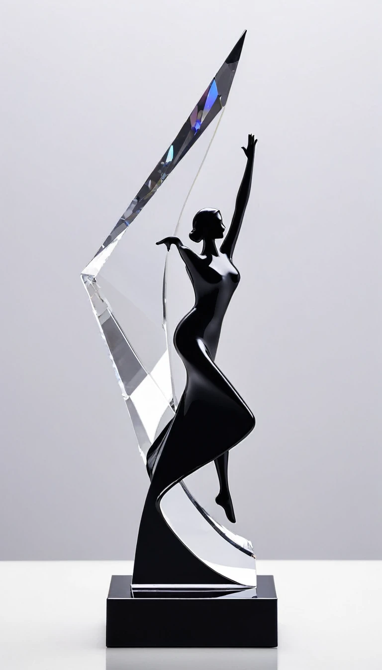 A cool trophy；Black matte metal trophy，Crystal acrylic base；Simplicity，Fashion，Feature，White background，Front view。Dance Trophy，Simplicity，Smart，Non-figurative。