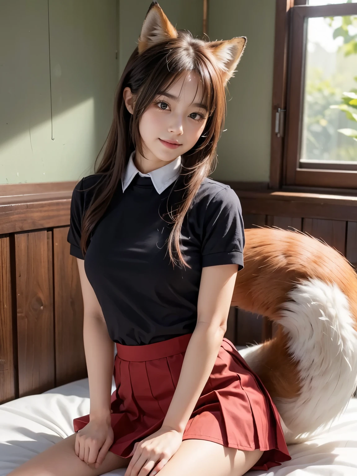 ((Highest quality, 32k)), ((masterpiece)), (Familiar), Perfect Face, , pretty girl, On the bed, She has a bushy tail, (She has a red fox tail.:1.3), She stands up her fluffy tail, Beautiful hip line, Small breasts, She is wearing a cute  uniform, A large tail sticks out, Climbing on all fours, Slender body, She looks shyly at her tail, Her tail pushes up her skirt to reveal her white panties, A red fox tail protrudes from the hem of her skirt., Embarrassed face