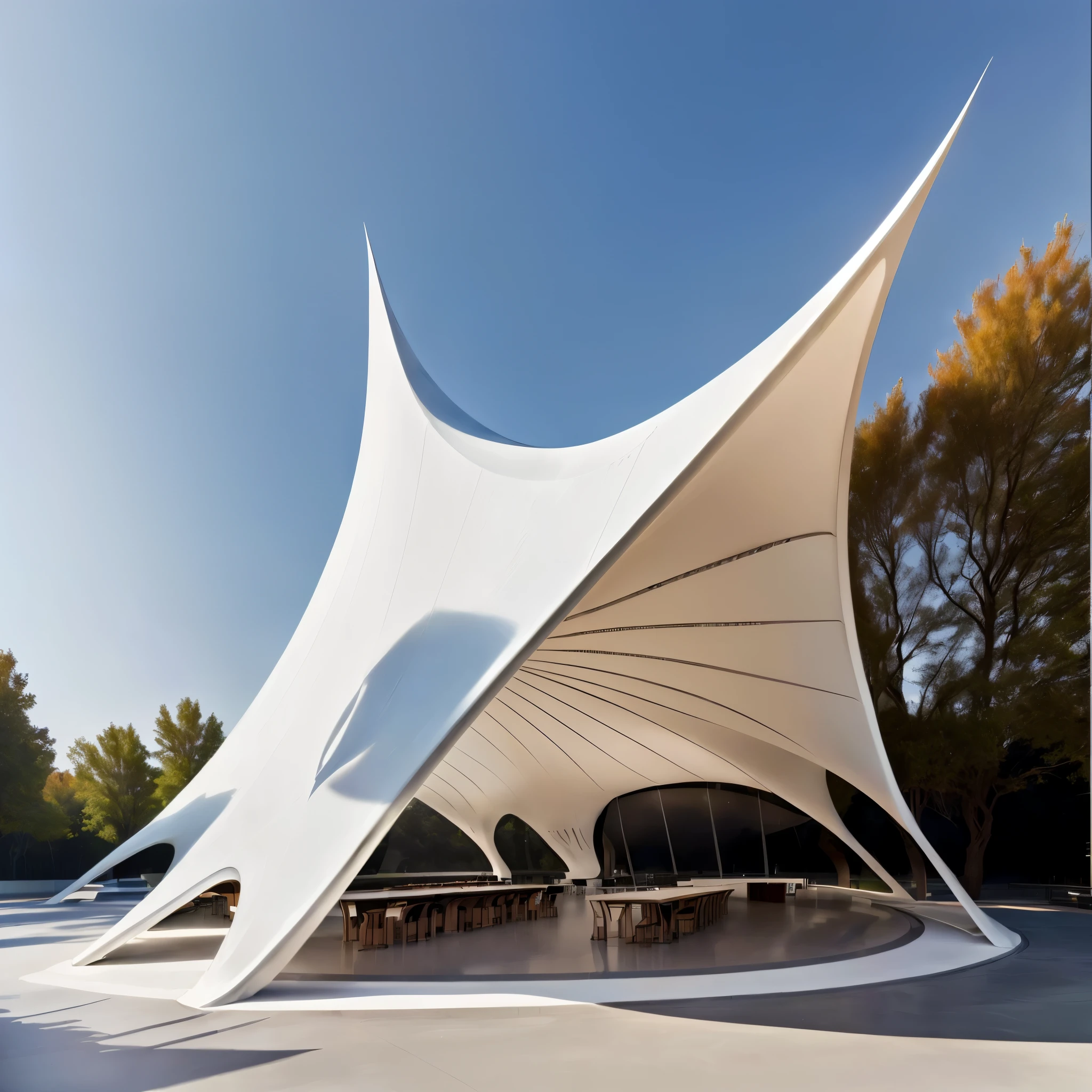 There is a big white tent,There are tables and benches below., Web portals. Zaha Hadid, Line Fade,tent architecture, in style of Zaha Hadid architect, Zaha Hadid style architecture, Zaha Hadid architecture, pavilion, Covered outdoor stage, architecture Zaha Hadid, Futuristic Church, author:Zaha Hadid, in style of Zaha Hadid, by Zha Shibiao, Santiago Calatrava