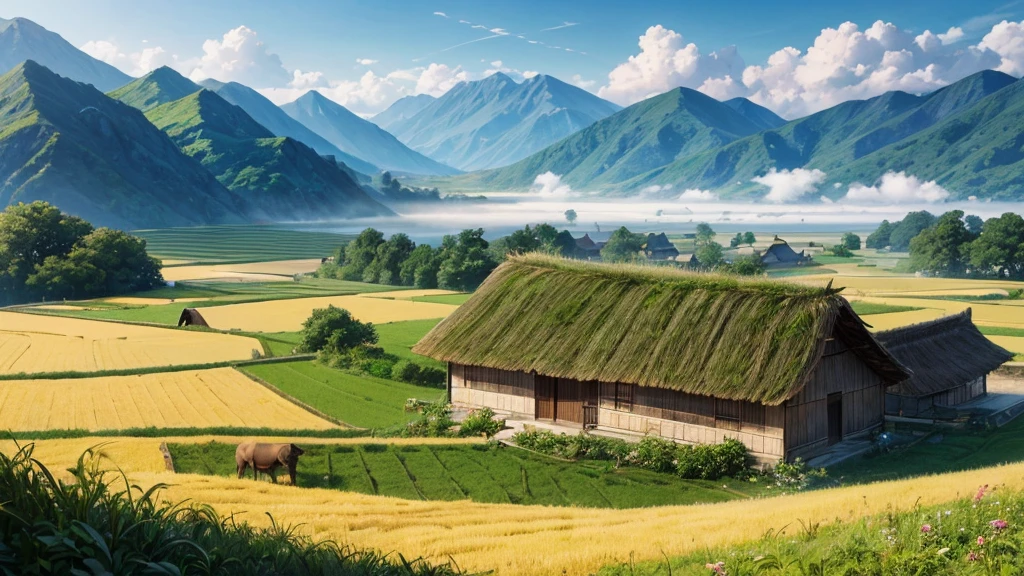 A peaceful countryside scene with terraced fields. There are several people working in the fields, Some people grow rice and others lead water buffalo. A traditional thatched-roof hut can be seen on the left, raised on piles. Rear, There are verdant mountains partially shrouded in mist. Above the scene, A flock of birds is flying far into the horizon. The lighting suggests it could be early morning or late afternoon, creating a warm aura over the scene. This photo is interesting because it captures traditional farming methods in a peaceful and beautiful setting.