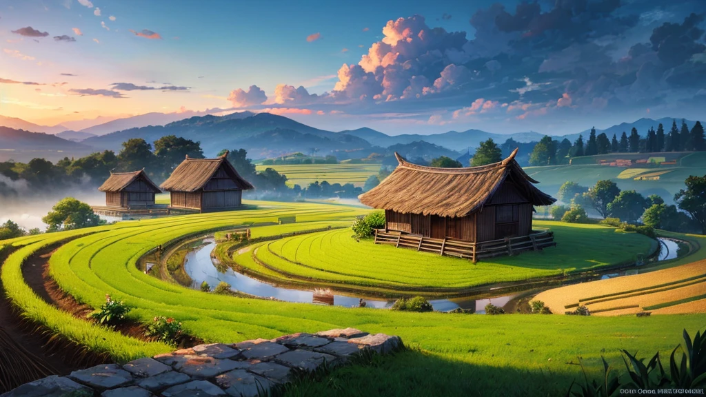 A peaceful countryside scene with terraced fields. There are several people working in the fields, Some people grow rice and others lead water buffalo. A traditional thatched-roof hut can be seen on the left, raised on piles. Rear, There are verdant mountains partially shrouded in mist. Above the scene, A flock of birds is flying far into the horizon. The lighting suggests it could be early morning or late afternoon, creating a warm aura over the scene. This photo is interesting because it captures traditional farming methods in a peaceful and beautiful setting.