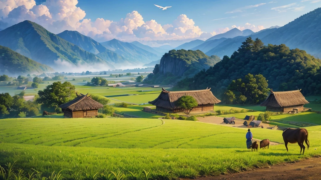 A peaceful countryside scene with terraced fields. There are several people working in the fields, Some people grow rice and others lead water buffalo. A traditional thatched-roof hut can be seen on the left, raised on piles. Rear, There are verdant mountains partially shrouded in mist. Above the scene, A flock of birds is flying far into the horizon. The lighting suggests it could be early morning or late afternoon, creating a warm aura over the scene. This photo is interesting because it captures traditional farming methods in a peaceful and beautiful setting.