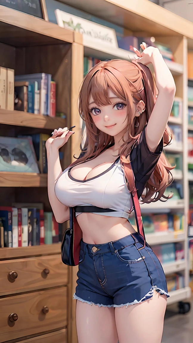 ((((highest quality)))), (((Ultra-precision CG 16K))), (((masterpiece))), (((Very detailed))), (((Extremely detailed))), (((Black outline:1.3, Written boundary depth:1.3 , Written soft outline))), Blur, Bokeh, Maximum clarity and sharpness,Multilayer Texture, Surface Shading, Cinematic lighting, Beautiful details sparkle ,Perfect Proportions, Limited to three woman, BREAK accurate, Anatomically correct, Highly detailed face and skin texture, drawn in detail, Highly detailed facial and skin texture, Detailed eyes, beautiful hair, Beautiful Japanese Idol face, Beautiful and beautiful eyes, Beautiful body, Beautiful breasts, Beautiful thighs, Beautiful legs, Beautiful fingers, (Beautiful views) , skinny body, ((Beautiful Skin)), ((Skin Texture)) BREAK breast enlarged, large Breasts, rocket breasts, slender waist, (blush, smiling:1.3,) BREAK (((oversized_shirt:1.3 , shirt untucked:1.3, midriff peek , hot pants))) , wearing earrings, BREAK ((( reach out and pick up a book on the top bookshelf , stick breast out))),(serious, from side:1.3 , from below:1.3, low angle),