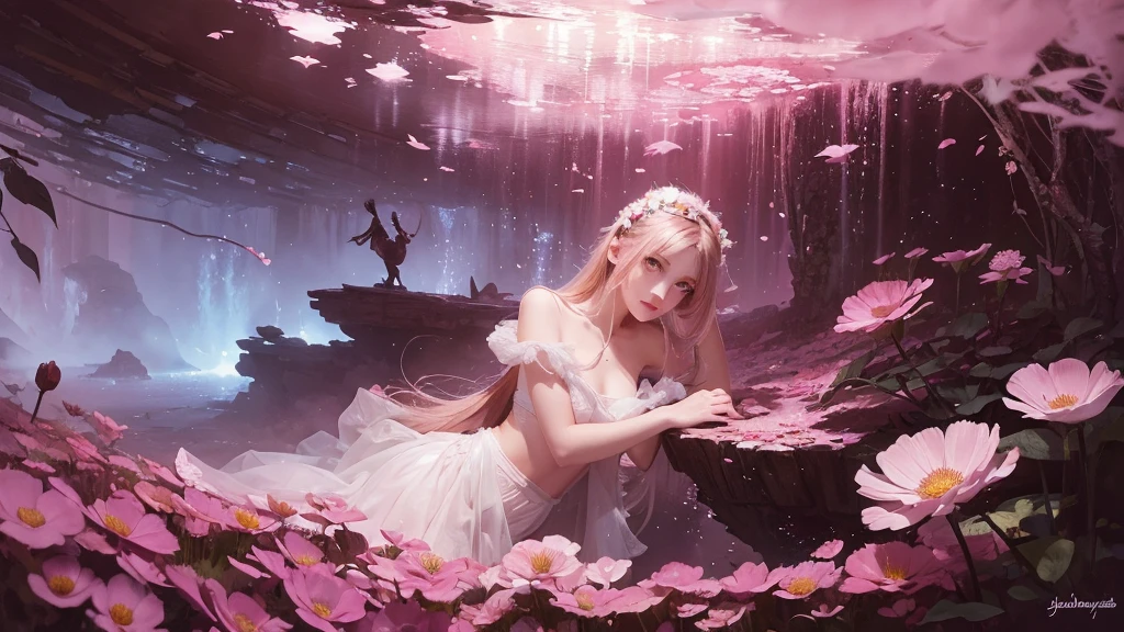 32k, Masterpiece, Highest quality, One girl, Detailed eyes, flower,Sandersonia, Pink and brown style,A dreamy, romantic piece,Pale pink, Mysterious Leaves,A playful arrangement,Fantasy,High Contrast,Ink strokes,explosion,Exposure, Impression of pink and brown tones,Abstract,((Watercolours by John Berkey and Jeremy Mann )) Brush strokes,Negative Space, Tyndall effect,