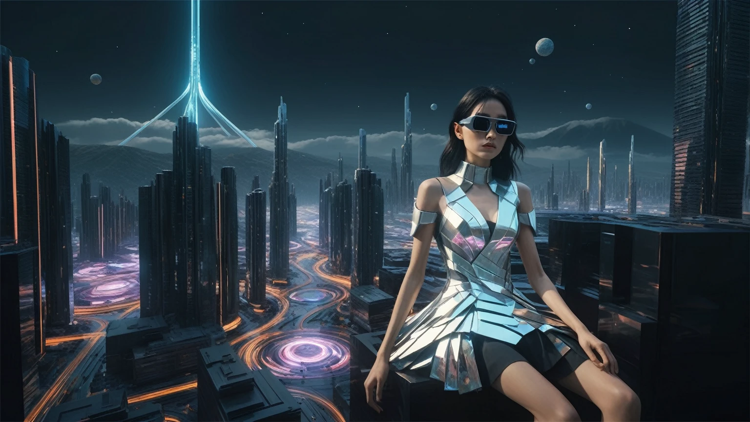Brightly colored abstract aerial view image of a futuristic railway station with a spiral, a (((futuristic all-glass train))) passing by, epic beautiful space sci-fi, chaotic cinematic space rift, Greg Beeple, planets colliding, Beeple and Tim Hildebrandt, Beeple and Jean Giraud, end of the universe, (((giant abstract sculpture))), galaxy space sci-fi, ringworld, by Mike "Beeple" Winkelmann. Matrix style, (((Matrix cascading code))), (((a futuristic twin tower skyscraper with a unique twisted design))), (((OLED GUI interfaces in the building))), at night, (((((1girl, solo))))), photo realistic, (((((large-breast:1.5 body, cleavage:1.4))))), (((((off broken mini sling-shirt and black sling bra, extreamly short pleated miniskirt exposing panty))))), (((((running pose))))), (((((((matrix style black micro sunglasses))))))), ((((((((((aiming with a short gun)))))))))), (((((looking at camera))))), (((very low view))), (((((half-body thigh level medium shot))))), (((cinematic lighting))).