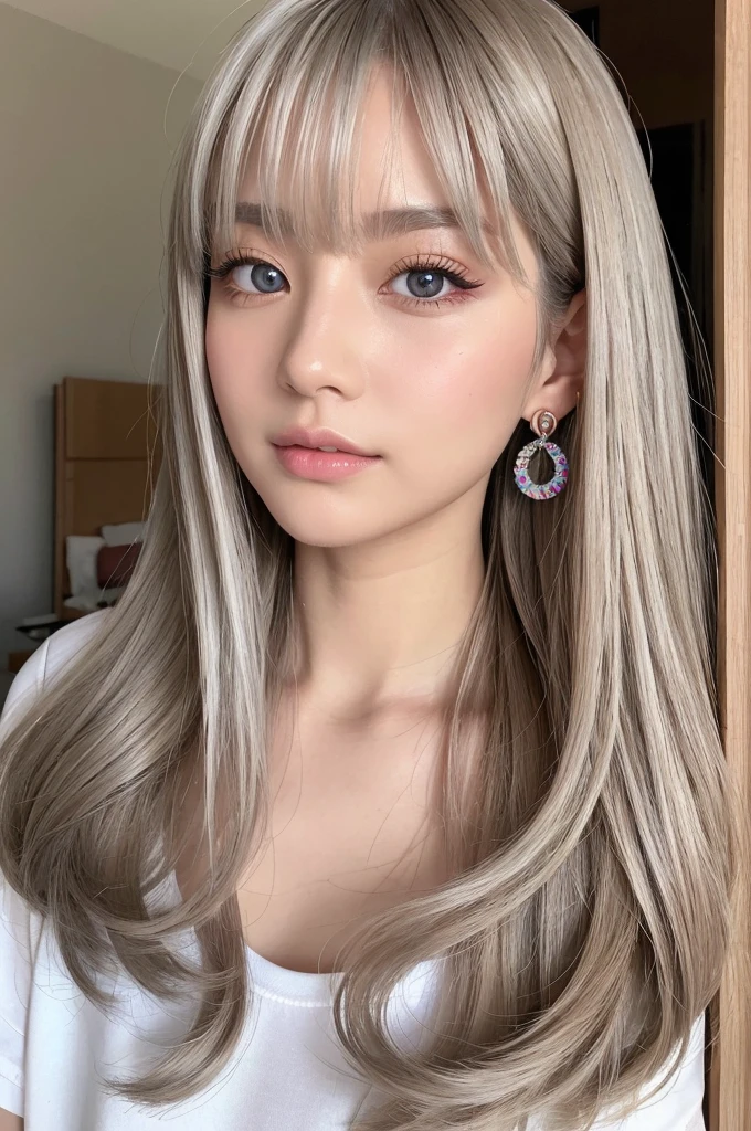 (Highest quality, masterpiece), One girl, beautiful girl, brown_eye, ((hair color [Silver hair], [前hairありのピクシーカット] hair)), Earrings, lips, Short sleeve,Realistic, Tight waist, Charm, Colorful Makeup, Long eyelashes, Fair skin, (cute), (Detailed face), 詳細ed eye, Detailed iris, 