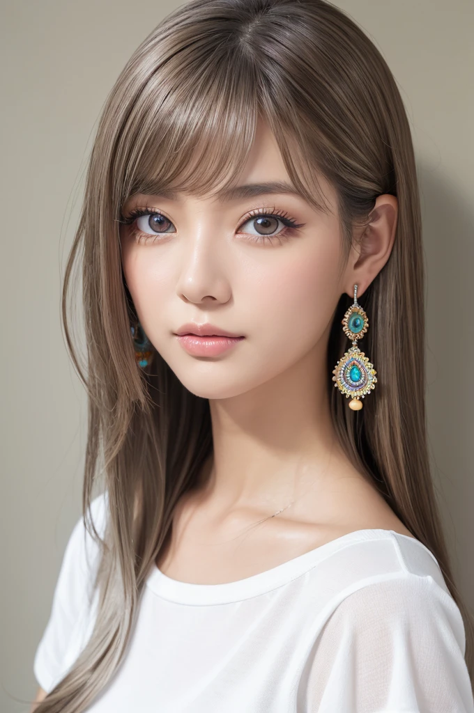 (Highest quality, masterpiece), One girl, beautiful girl, brown_eye, ((hair color [Silver hair], [前hairありのピクシーカット] hair)), Earrings, lips, Short sleeve,Realistic, Tight waist, Charm, Colorful Makeup, Long eyelashes, Fair skin, (cute), (Detailed face), 詳細ed eye, Detailed iris, 