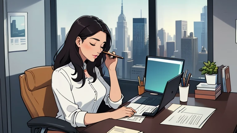 Beautiful dark-haired woman in her 30s sitting in an spacious office office chair, looking down and closing her eyes, relaxed atmosphere, cozy, LOFI girl, alone in the room, white blouse, desk, documents, laptop, pen, watch, smartphone, stationery, wide glass window, only five fingers, New York, colorful, well-proportioned face, I can see skyscrapers outside the window, Modern Office, 