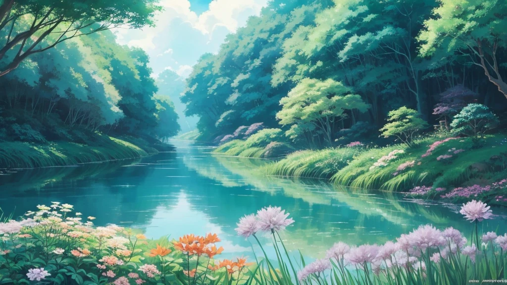 warm。Flowers swaying in the wind。In the lush forest。Consider natural light。studio ghibli artstyle。Anime Background Art。Studio Ghibli painting style。Ghibli vibe。Clouds flowing in the sky。Water is flowing。