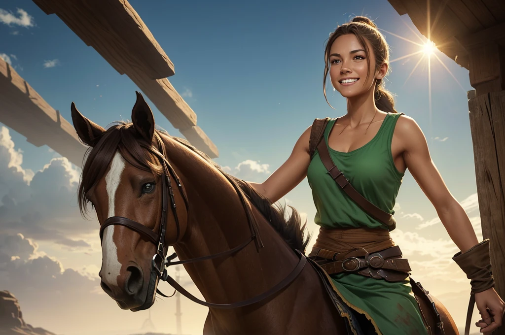 A woman of average height, with sun-tanned skin and light brown hair tied in a ponytail. Her green eyes shine with determination, and she almost always has a friendly smile on her face. She wears simple, comfortable clothes, often stained with dirt. (digital art, fantasy art, RPG art)