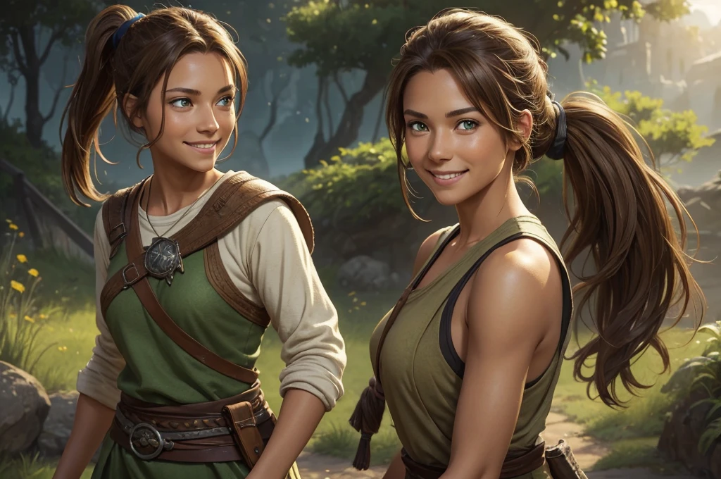 A woman of average height, with sun-tanned skin and light brown hair tied in a ponytail. Her green eyes shine with determination, and she almost always has a friendly smile on her face. She wears simple, comfortable clothes, often stained with dirt. (digital art, fantasy art, RPG art)
