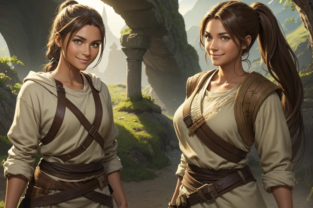 A woman of average height, with sun-tanned skin and light brown hair tied in a ponytail. Her green eyes shine with determination, and she almost always has a friendly smile on her face. She wears simple, comfortable clothes, often stained with dirt. (digital art, fantasy art, RPG art)