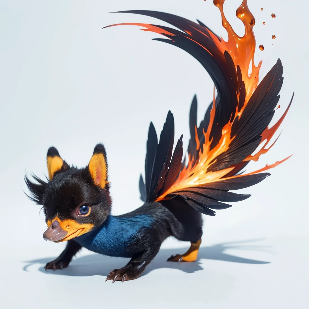 Small Animaly, generate duck mixed with lava, has blue stripes on his skin, white eyes, Grassroots, no background
