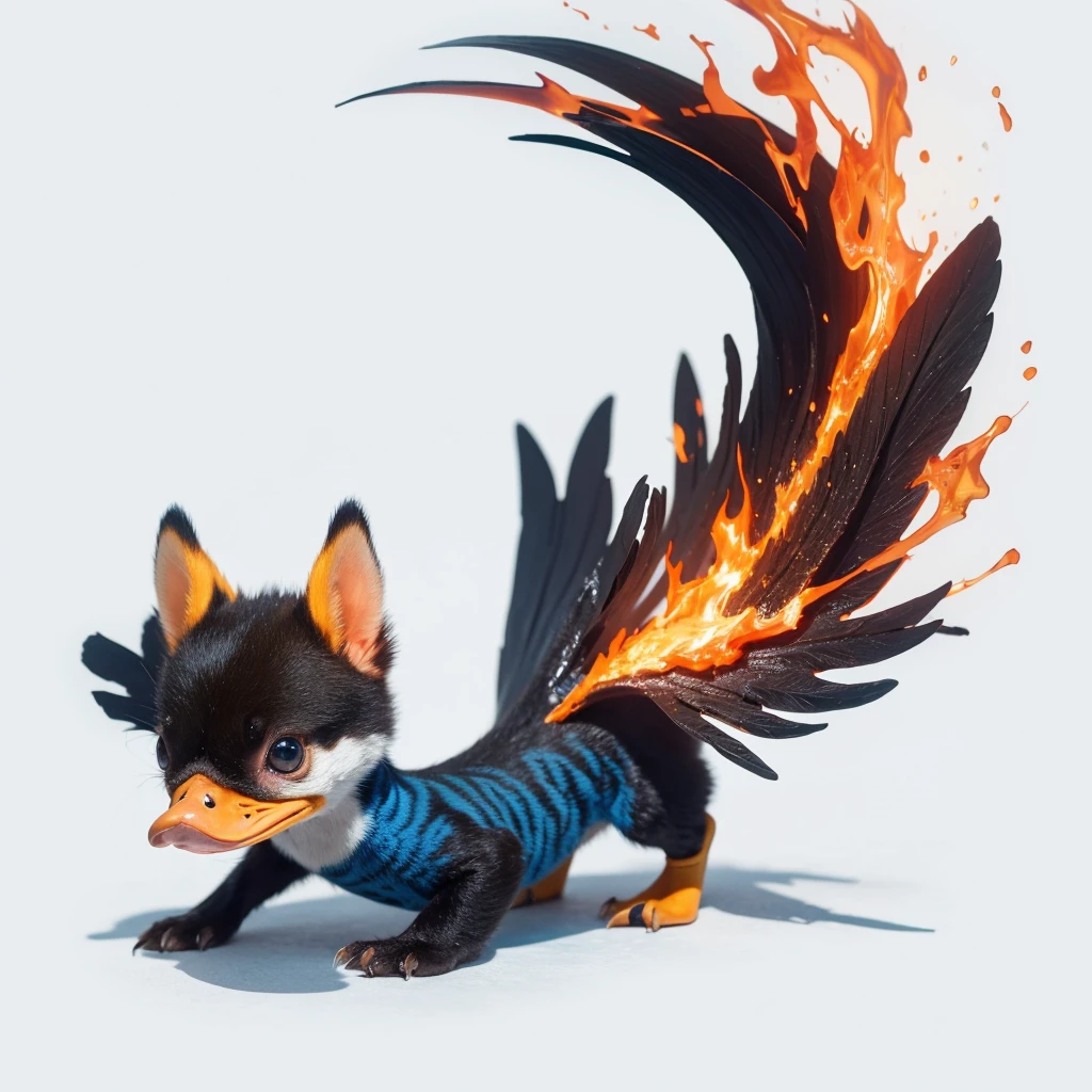 Small Animaly, generate duck mixed with lava, has blue stripes on his skin, white eyes, Grassroots, no background