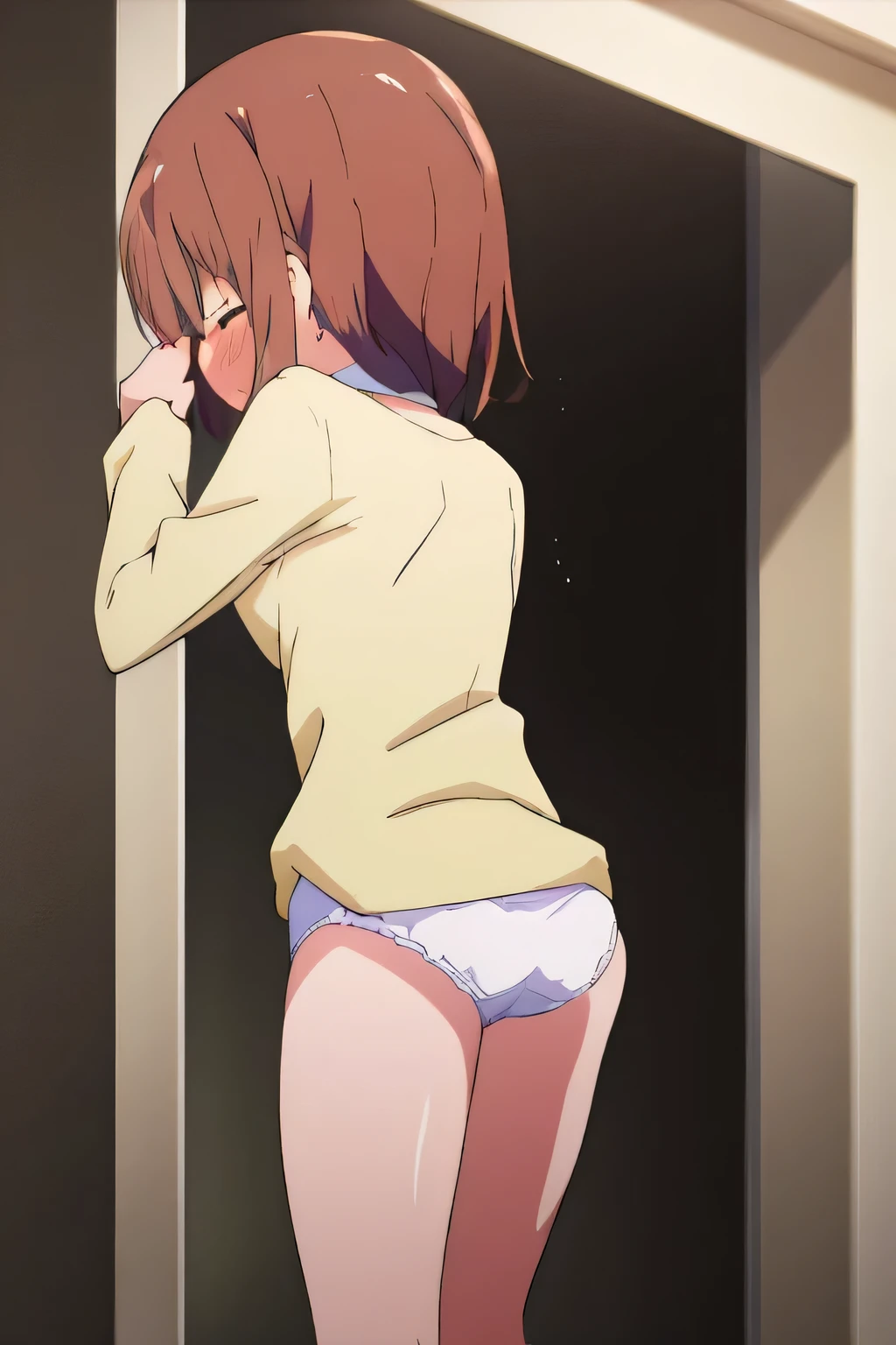 masterpiece, Highest quality, High resolution,with back turned,Embarrassed face,Peeing,Face is front,1 girl,underwear
