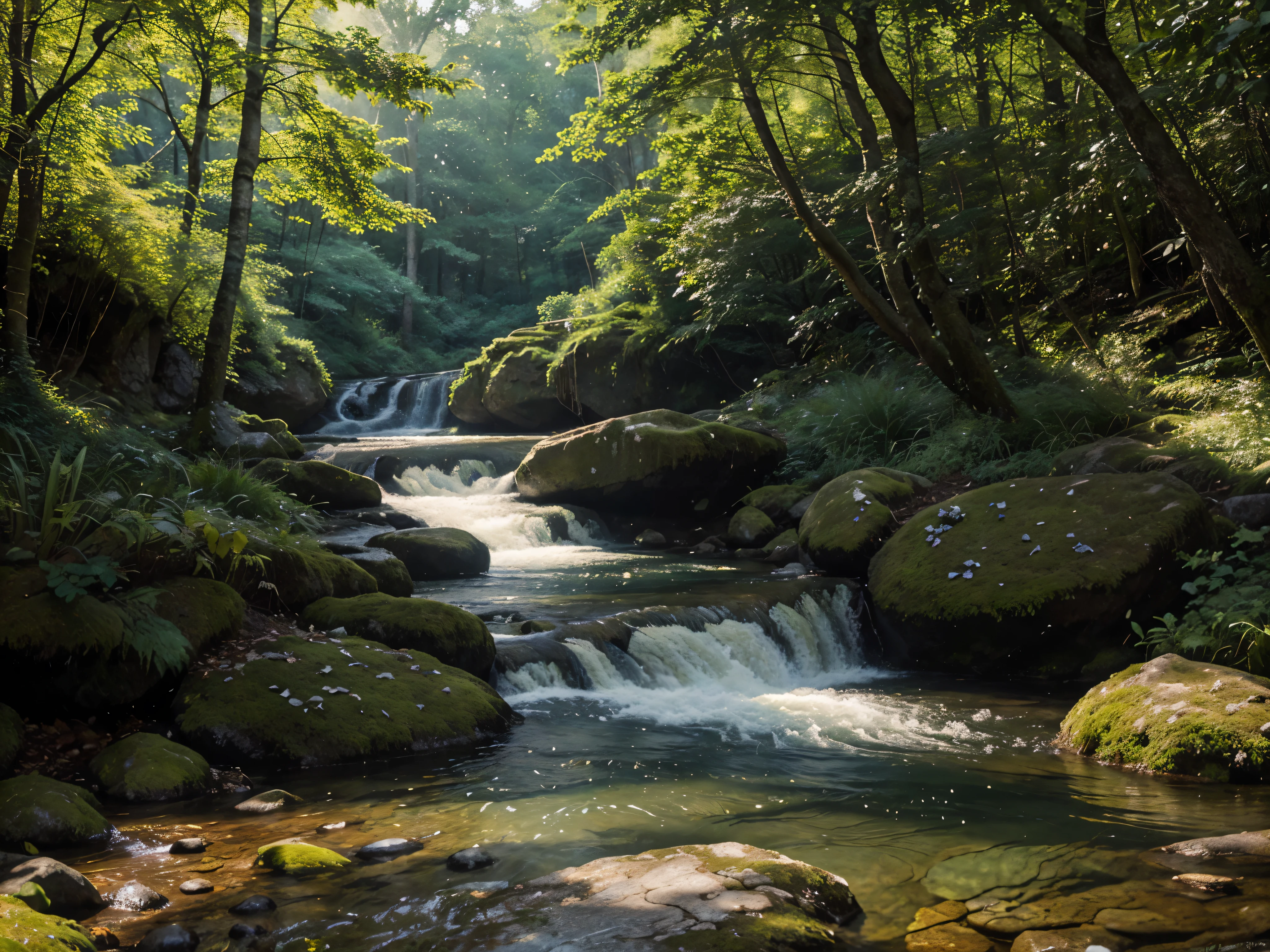 A gently flowing stream winds its way through a lush forest, the sunlight shimmering on its crystal-clear surface. This picturesque scene is captured in a stunning painting, where each leaf and rock is meticulously detailed. The vibrant greens of the foliage and the soft ripples of the water evoke a sense of tranquility and natural beauty. The artist's skillful use of color and light brings the image to life, making it truly mesmerizing.