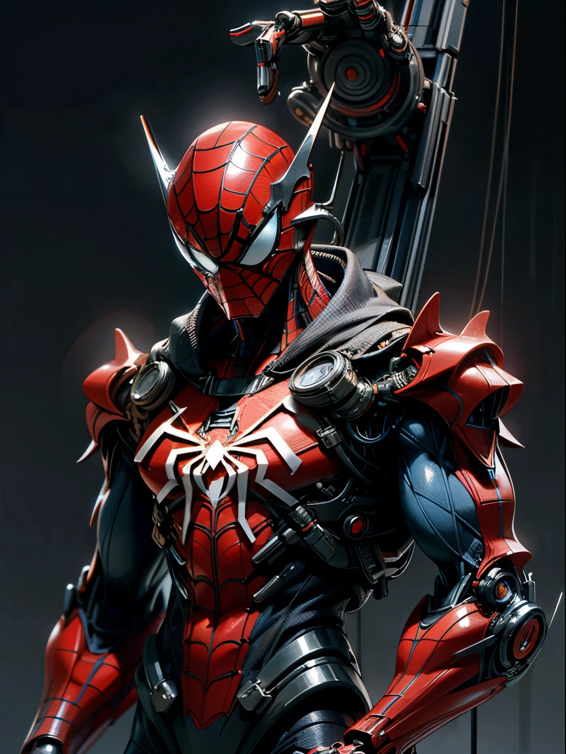 (extremely detailed 8k wallpaper), Close-up (futuristic Spiderman From Marvel 1.3) emerging from the the futuristic world, extremely detailed, volumetric lighting Dark_Fantasy,Cyberpunk,(saw, Red:1.1),1man,Mechanical marvel,Robotic presence,Cybernetic guardian, dark colours.